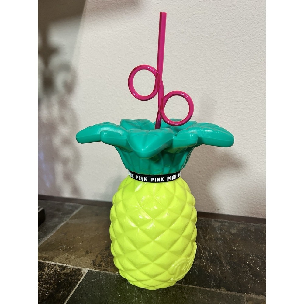 VICTORIA'S SECRET PINK COLADA PINEAPPLE TUMBLER STRAW TO GO CUP 27OZ COLD BOTTLE